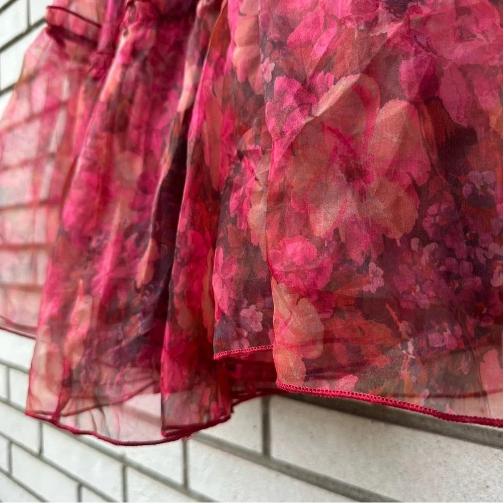 VICI Tiny Dancer Red Floral Tiered Mini Dress Halter Neck Open Back Size Small - Picture 9 of 10